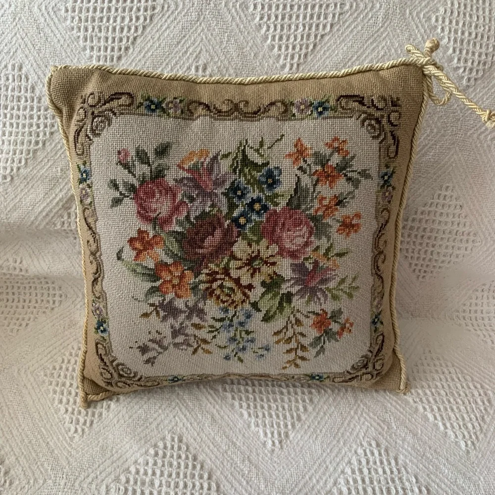 Vintage Floral Needlepoint Throw Pillow